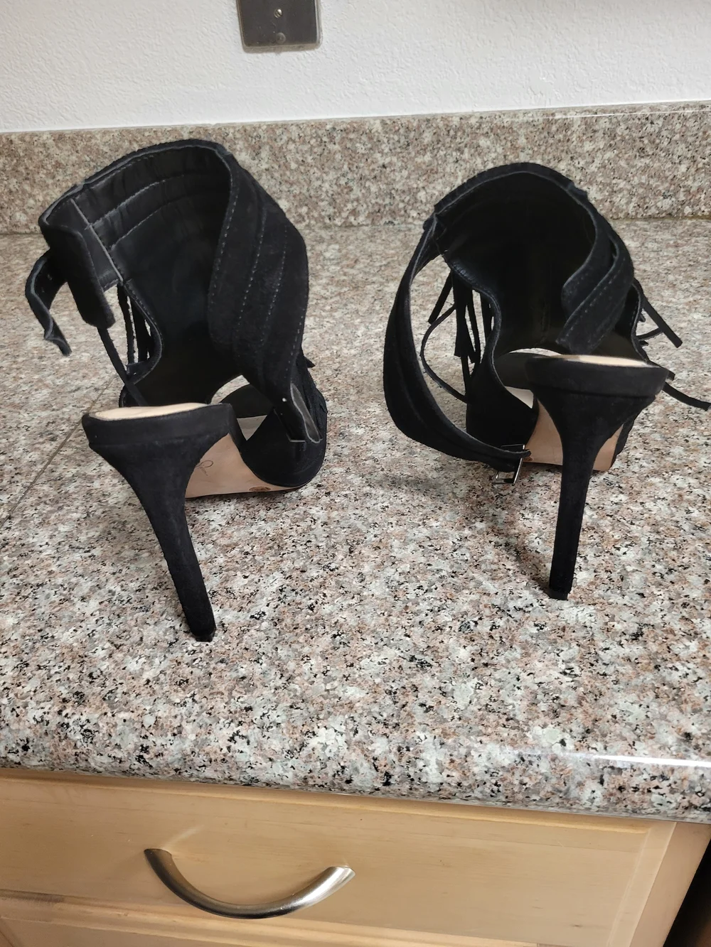 Jessica Simpson Black Suede Fringe Ankle-Strap Heels